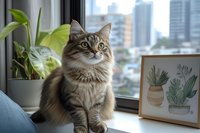 Tabby cat with green eyes sitting on windowsill beside potted plant and botanical artwork, urban cityscape visible through window behind.