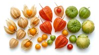 Colorful assortment of exotic fruits and vegetables including physalis, tomatillos, and ground cherries arranged on white background for healthy eating concepts.