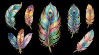 Colorful decorative feathers set isolated on transparent background, ready for stickers, t-shirt design, sublimation, print on demand, and clipart use.