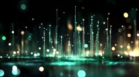 Glowing green light pillars rise from dark water surface with bokeh effects and reflections creating magical nighttime atmosphere. For fantasy backgrounds.