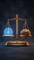 Golden scales of justice balancing human brain and glowing circuit board representing law technology ethics debate in legal system.