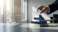 Businessman in dark suit placing blue cube on stacked blocks, representing business growth and strategic planning for corporate success and achievement goals.