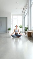 Young Caucasian woman practicing yoga meditation in lotus pose at modern minimalist home studio with large windows and plants for wellness lifestyle.