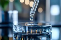 Laboratory pipette dispensing clear liquid drop into glass container with precise scientific measurement and controlled environment background.