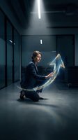 Businesswoman in dark suit kneeling in modern office space, manipulating glowing upward arrow symbol representing growth, success, and financial progress for corporate concepts.
