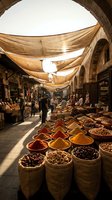 Traditional Middle Eastern spice market with colorful spices in sacks, stone architecture, fabric canopies filtering sunlight, vendors and shoppers browsing aromatic goods.