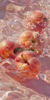 Fresh peaches floating in crystal clear water with sparkling droplets and bubbles creating dreamy light effects against pink-tinted liquid background.