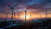 Wind turbines generating renewable energy at sunset with glowing power lines connecting sustainable electricity grid across landscape for clean technology solutions.