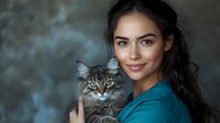 Young Hispanic woman in teal medical scrubs holding fluffy gray Maine Coon cat against blurred background, veterinary care concept for animal hospital marketing.
