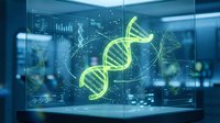 Futuristic holographic DNA double helix with glowing green structure displayed on transparent screen in modern laboratory environment for medical research.