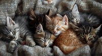Adorable sleepy kittens cuddling together on soft blanket, mixed colors including ginger, grey and tabby cats showing peaceful napping moment.