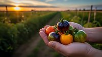 Fresh heirloom tomatoes in cupped hands at sunset in organic farm field. Harvest season concept for healthy eating and sustainable agriculture.