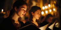 Young women singing from hymnal books during candlelit evening church service with warm golden lighting creating peaceful spiritual atmosphere for worship.