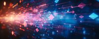 Abstract digital technology background with glowing geometric shapes and light trails moving through cyberspace in red and blue colors. Dynamic futuristic design.