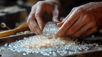 African American hands sorting through clear crystal beads or gems on dark surface, macro photography with selective focus highlighting craftsmanship and detail.