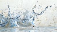Ocean waves crashing against coastal rocks create dramatic splashes in shades of blue and white, mixed media artwork with textured details and watercolor effects.