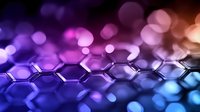 Glowing hexagonal pattern with purple and blue gradient background, blurred bokeh lights creating futuristic technological atmosphere for science and tech designs.