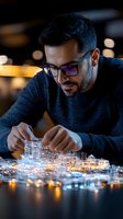 Male professional with dark hair and beard, wearing glasses and dark sweater, examining glowing digital holographic cityscape model. Suitable for technology, innovation, urban planning, and business concepts.