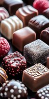Assorted luxury chocolate pralines and truffles with fresh raspberries, decorated with colorful sprinkles and cocoa powder on dark background. Perfect for confectionery ads.