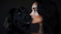 Young Asian woman with long dark hair in profile view next to black Labrador retriever dog against dark background, creating dramatic and emotional portrait.