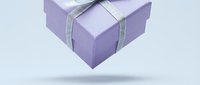 Purple gift box with silver ribbon floating on white background, perfect for celebrations, holidays, birthdays, and special occasions packaging design.