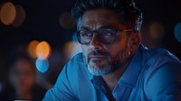Middle aged Hispanic businessman with glasses and gray beard looking thoughtful in dark office with bokeh lights, dramatic blue lighting creates moody atmosphere.