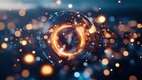 Glowing energy ring with magical light particles and bokeh effects on dark blue background, creating mystical atmosphere for spiritual concepts.
