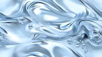Flowing liquid mercury or metallic surface with ripples and bubbles creates abstract wavy pattern in silver blue tones. Dynamic fluid motion background.