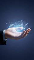 Businessman hand holding glowing digital network globe with connected lines and nodes on blue background for technology, innovation, and global business concepts.