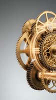Golden brass clockwork gears and cogs mechanism with intricate details on gradient background for steampunk and mechanical engineering concepts.