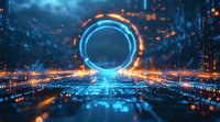 Futuristic digital portal with glowing blue circle surrounded by orange light effects on technological circuit background.