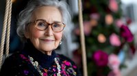 Elegant senior woman with gray hair and glasses wearing colorful floral sweater, smiling warmly against blurred floral background.