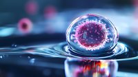 Microscopic virus cell in water droplet with pink glow effect and reflection on blue liquid surface, scientific molecular visualization for medical research and education.