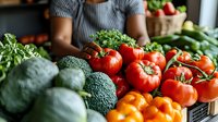 Fresh organic produce display with vibrant red tomatoes and dark green broccoli at farmers market stand, African American female vendor arranging vegetables.