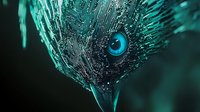 Macro shot of glowing turquoise peacock feather with water drops and dew against dark background creating mysterious atmospheric nature photography effect.