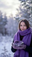 Young Caucasian woman in purple scarf and mittens holding snow-covered pine cone in winter forest with frosted evergreen branches and soft bokeh background.