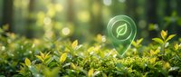 Green eco-friendly location pin icon floating above lush forest foliage with soft sunlight bokeh background for environmental sustainability concepts.