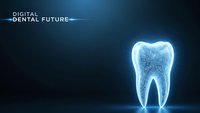Futuristic digital tooth hologram with glowing blue wireframe structure on dark background for modern dental technology and healthcare innovation concepts.