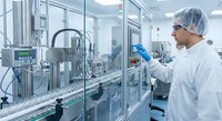 Male scientist in protective gear operating automated pharmaceutical manufacturing equipment in sterile laboratory environment for drug production.