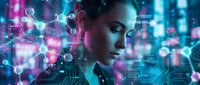 Young professional woman with futuristic digital network overlay and glowing circuit patterns in cyberpunk neon lighting for technology concepts.