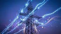 High voltage electrical transmission tower with dramatic lightning bolts and energy effects against deep blue sky for power industry concepts.