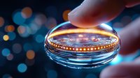 Glowing cryptocurrency coin held between fingers against blurred bokeh lights background, creating futuristic financial technology atmosphere.