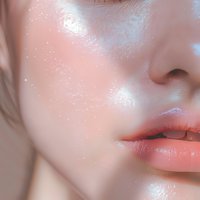 Close-up of glowing, dewy Asian skin with glossy coral lips and luminous highlighter showing glass skin effect and Korean beauty trends in cosmetics industry.