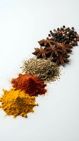Colorful spices and herbs arranged in line on white background including turmeric, paprika, oregano, star anise and peppercorns for cooking and seasoning.