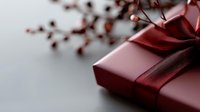 Elegant gift box wrapped in burgundy paper with satin ribbon bow, decorated with delicate red berries branch against soft gray background. Festive holiday concept.
