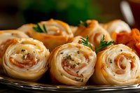 Savory tortilla pinwheel appetizers filled with cream cheese, ham, and herbs arranged on dark plate, garnished with fresh parsley, macro food photography.