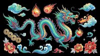 Colorful Asian dragon with flowing body, vibrant flames, ornamental clouds, and blooming flowers isolated on transparent background. Ready for t-shirts, stickers, clipart, sublimation, and print-on-demand designs.