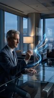 Mature male executive in formal business suit analyzing financial data with glowing digital charts and growth arrows in modern high-rise office overlooking cityscape at dusk.