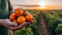 Farmer hands holding fresh ripe tomatoes at sunset in agricultural field. Organic farming harvest concept for healthy food production and sustainable agriculture.