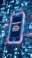Smartphone displaying cybersecurity alert for potential phone scam detection with neon pink and blue glow against digital circuit board background with warning icons and code.